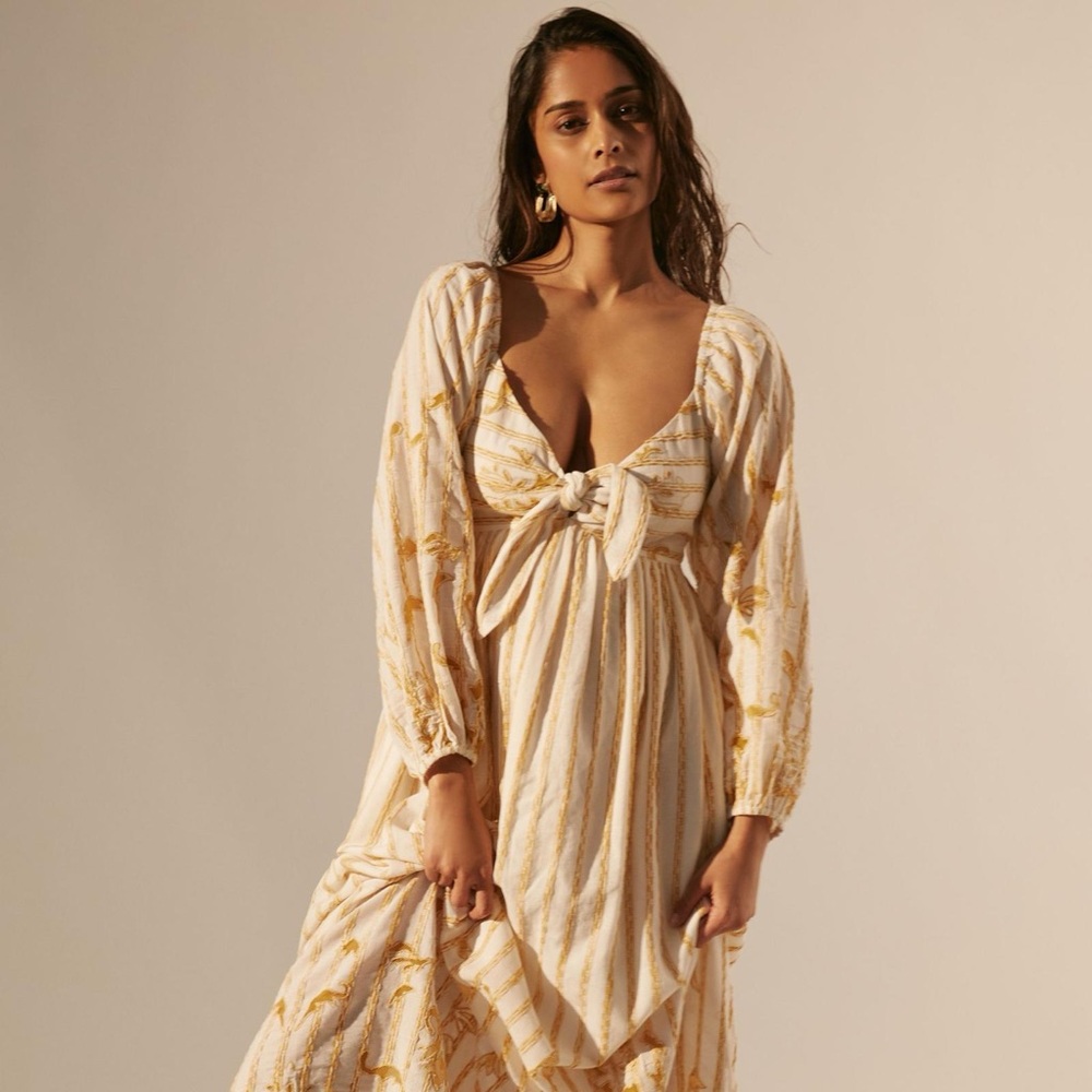 NWT Anthropologie Sweetheart Maxi Dress yellow and white embroidered XL